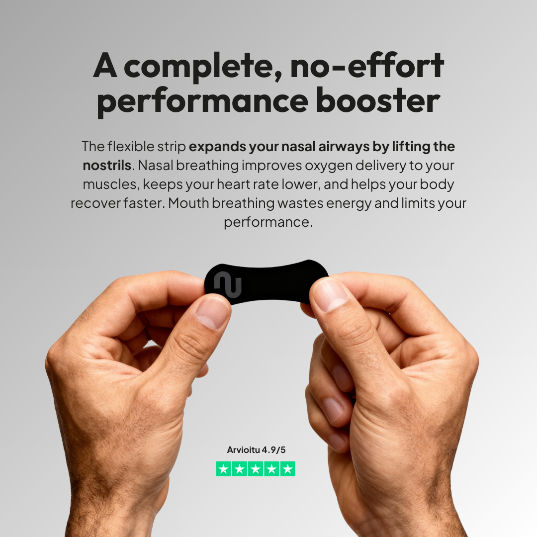 Black nasal breathing strip held between two hands with promotional text on a gray background