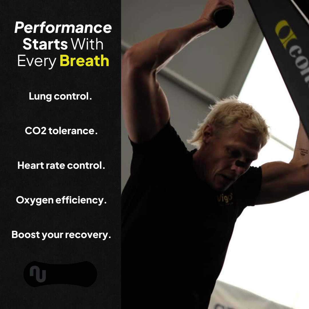 Person exercising with text about breathing and recovery on a black background