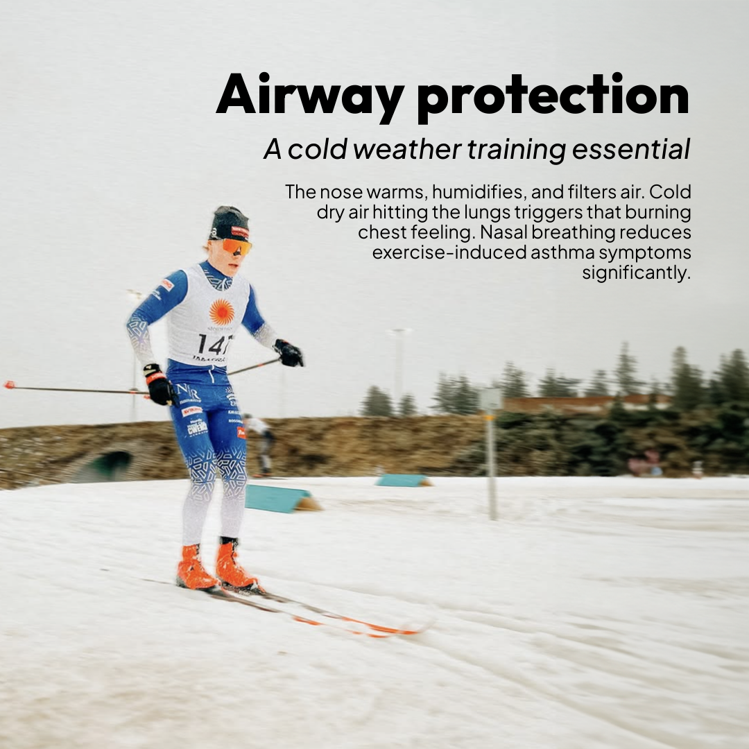 Person skiing with text about airway protection and cold weather training.