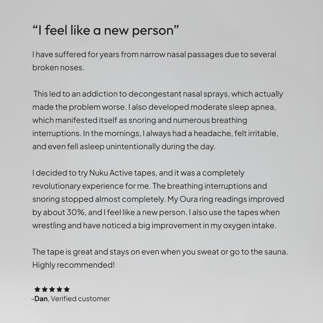 Text review of Nuku Active tapes for breathing issues on a gray background