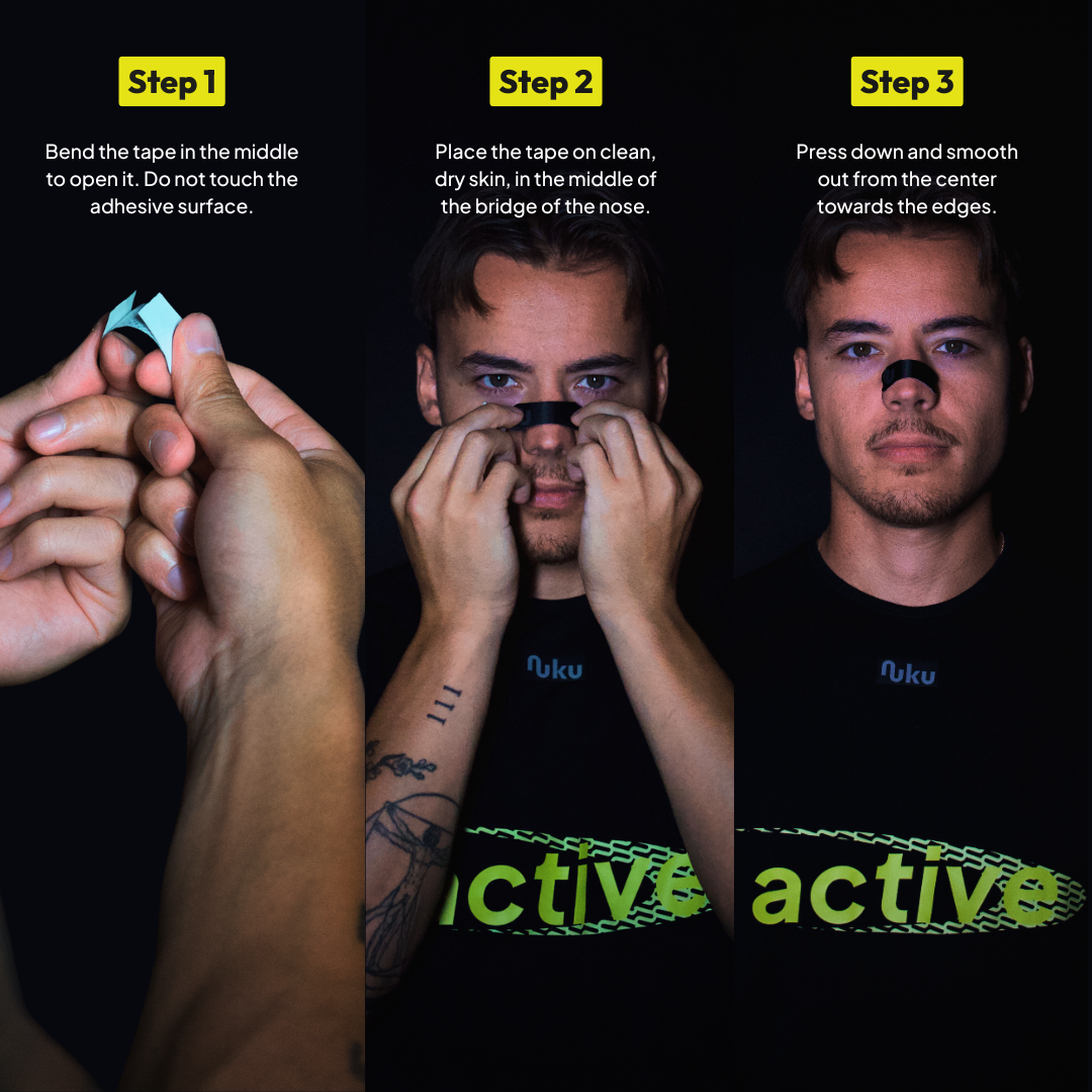 Step-by-step guide on applying tape to the nose with a person demonstrating.