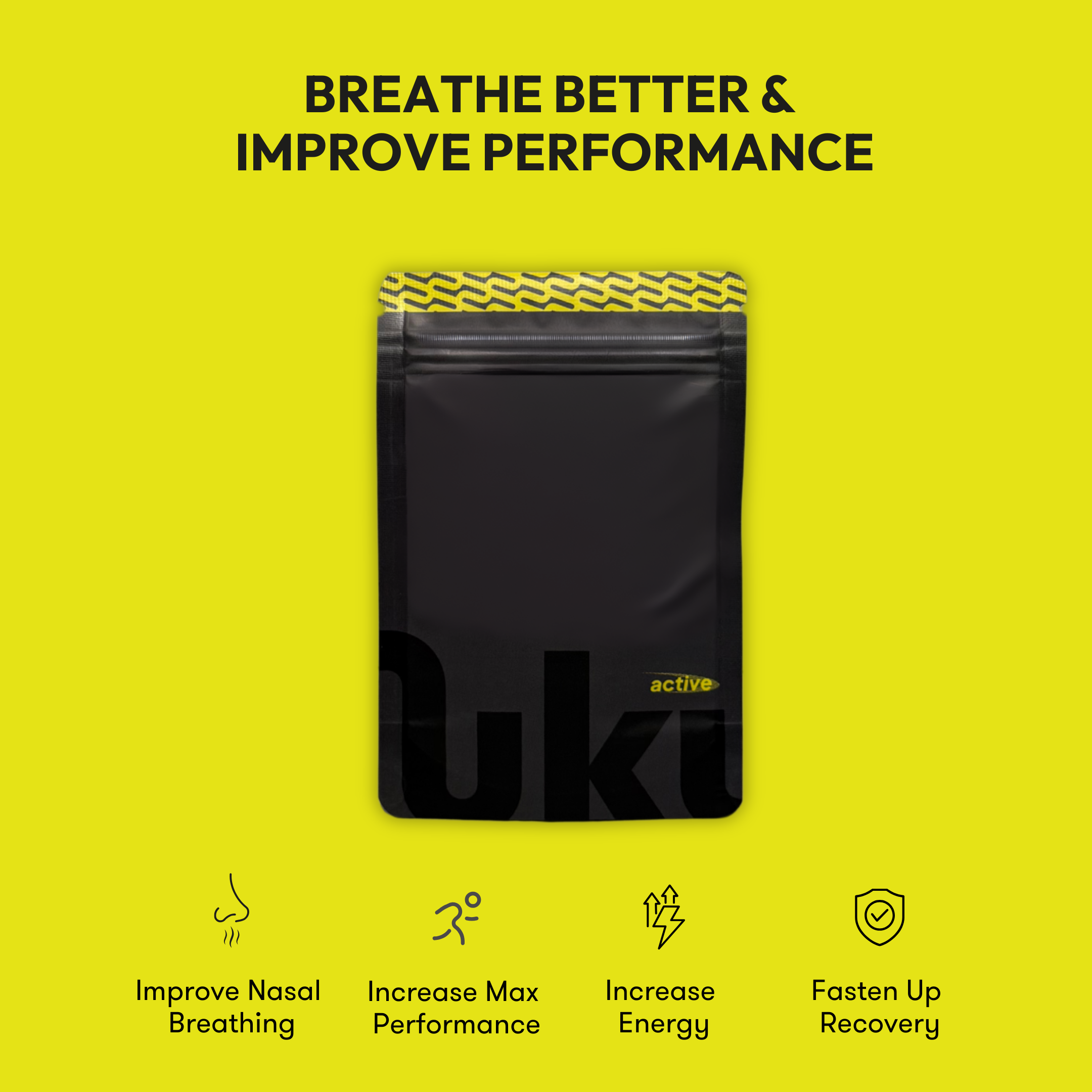 Nuku Active Nasal Strips package with 'active' branding on a yellow background, featuring text about improved breathing and performance. Most durable nasal strips on the market.