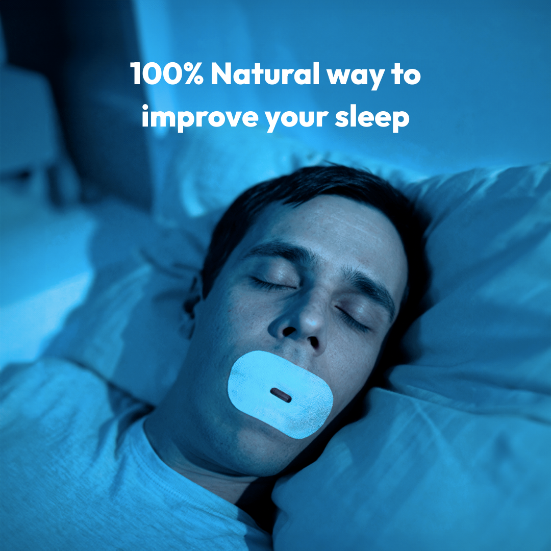 Man sleeping with a Nuku mouth tape; helps keep the mouth closed and supports nasal breathing as a natural way to improve sleep quality.