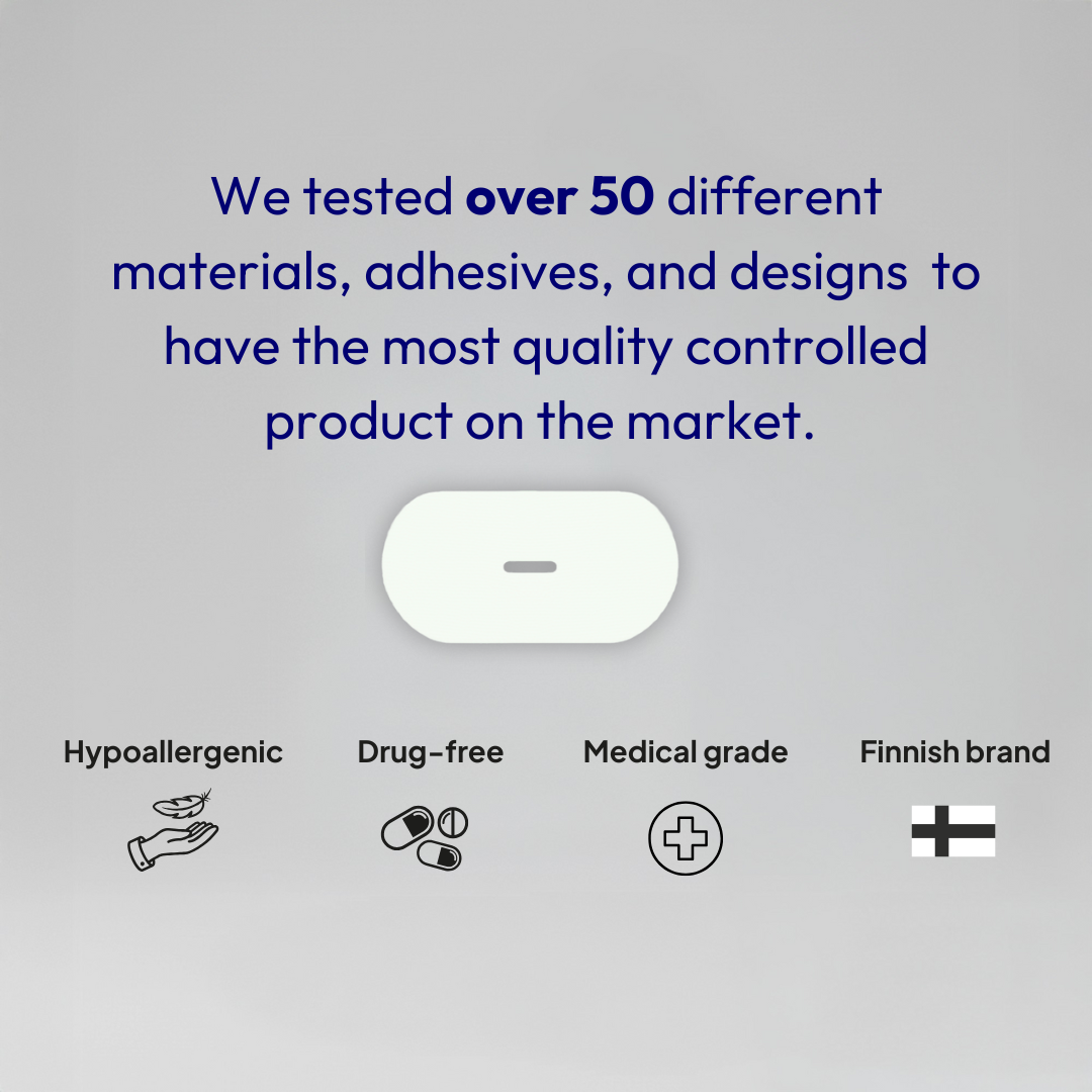 Nuku mouth tape shown with product features; hypoallergenic, drug-free, medical-grade quality, and Finnish-designed, tested across more than 50 material options.