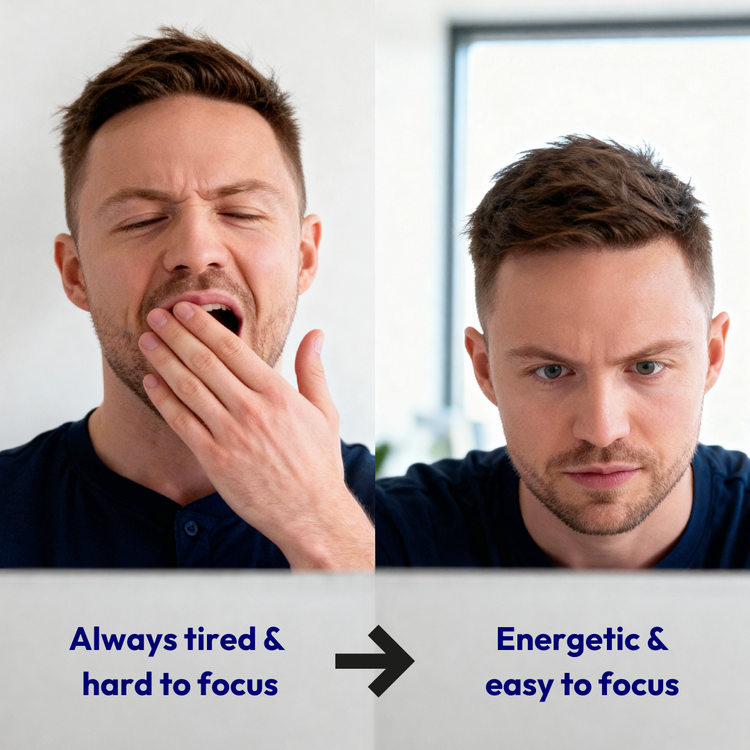 Two photos of the same man: first yawning and tired, then energized and focused; mouth tape use may support better sleep and improved daily concentration.