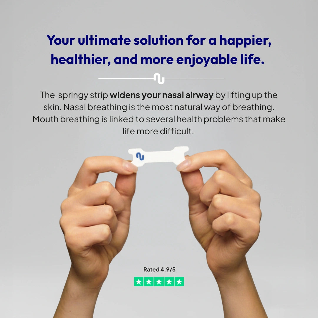 Package of 31 Nuku nasal strips; off-white nasal strips designed to improve breathing, sleep quality, and daily wellbeing.