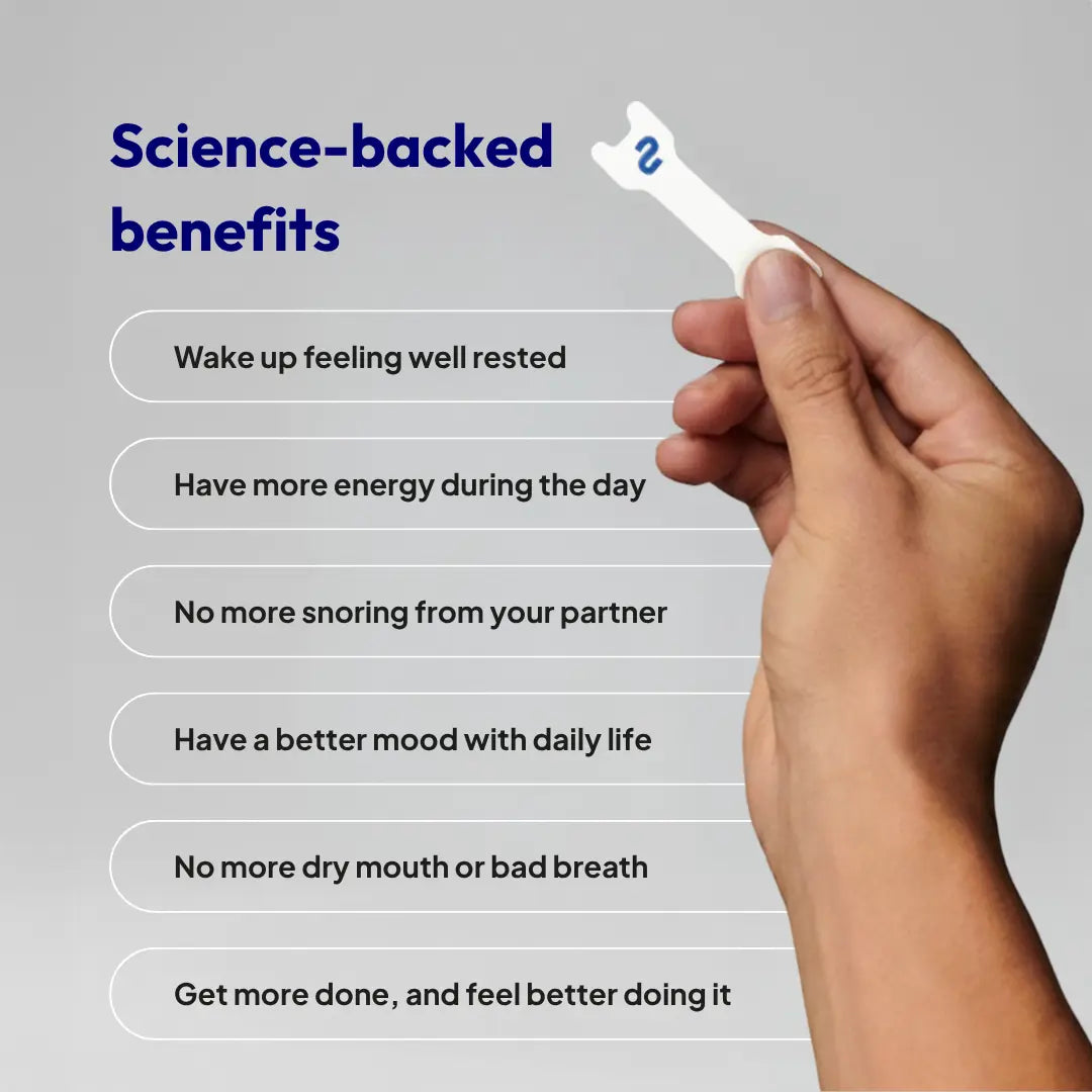 Hand holding a Nuku nasal strip next to a list of nasal breathing benefits such as better sleep, more energy, less snoring, and fresher breath.