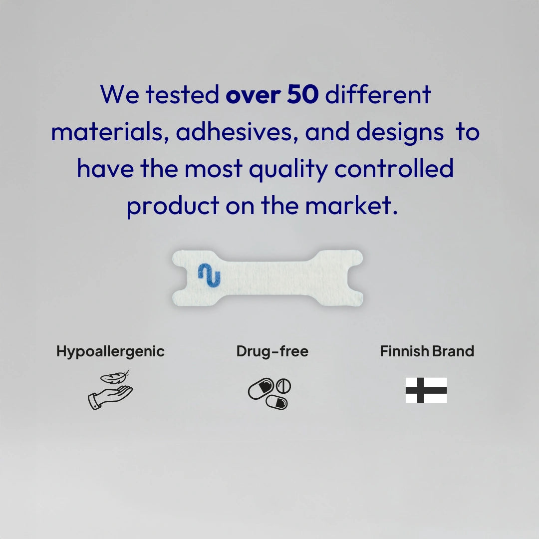 Nuku nasal strip shown with key product features; hypoallergenic, drug-free, and Finnish-designed, tested with over 50 materials for maximum comfort and performance.