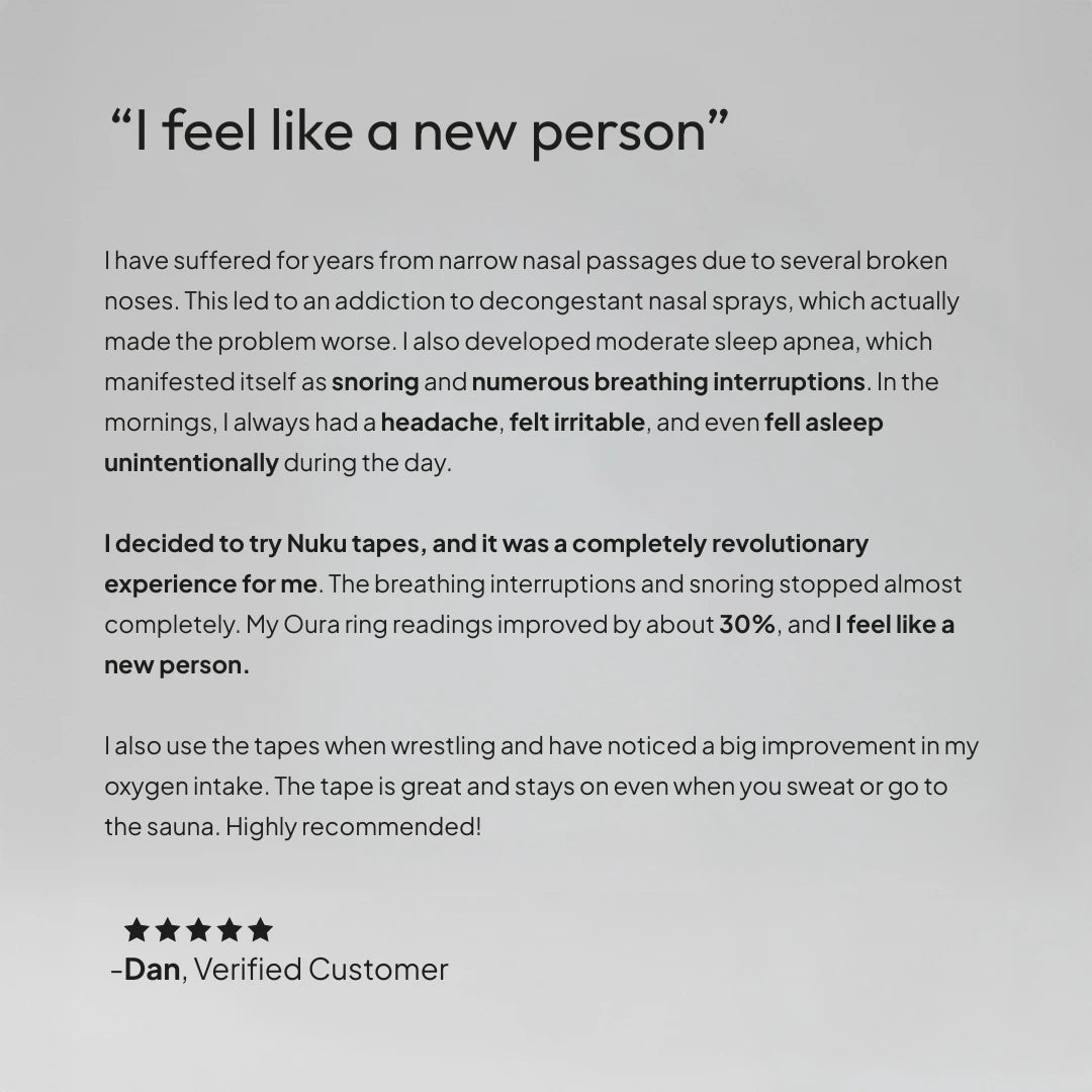 Customer review describing improved sleep, reduced snoring and breathing interruptions, and a transformative experience using Nuku nasal strips.