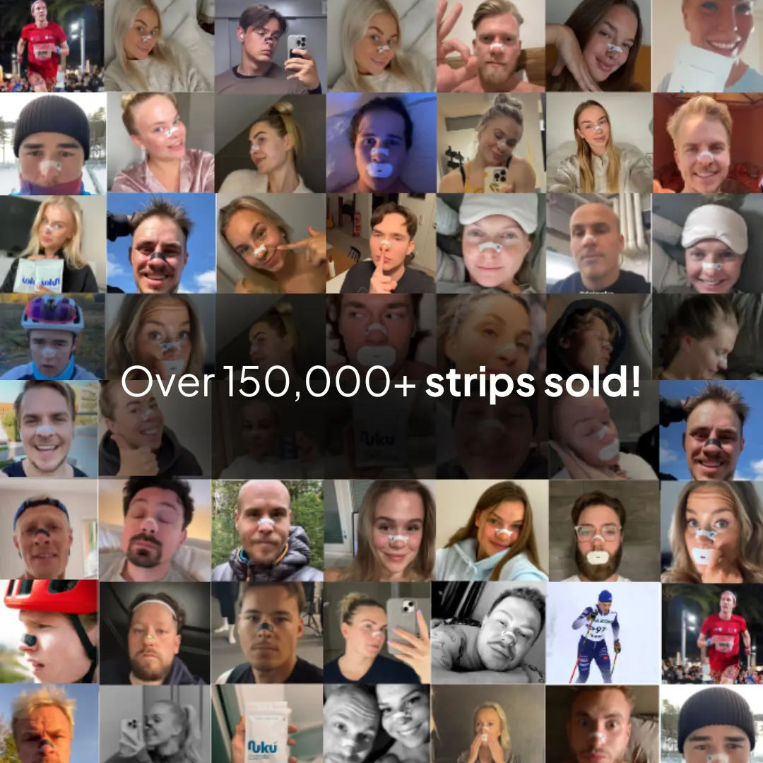 Collage of Nuku nasal strip users showcasing the large customer community; over 100,000 nasal strips sold, highlighting trust and popularity.
